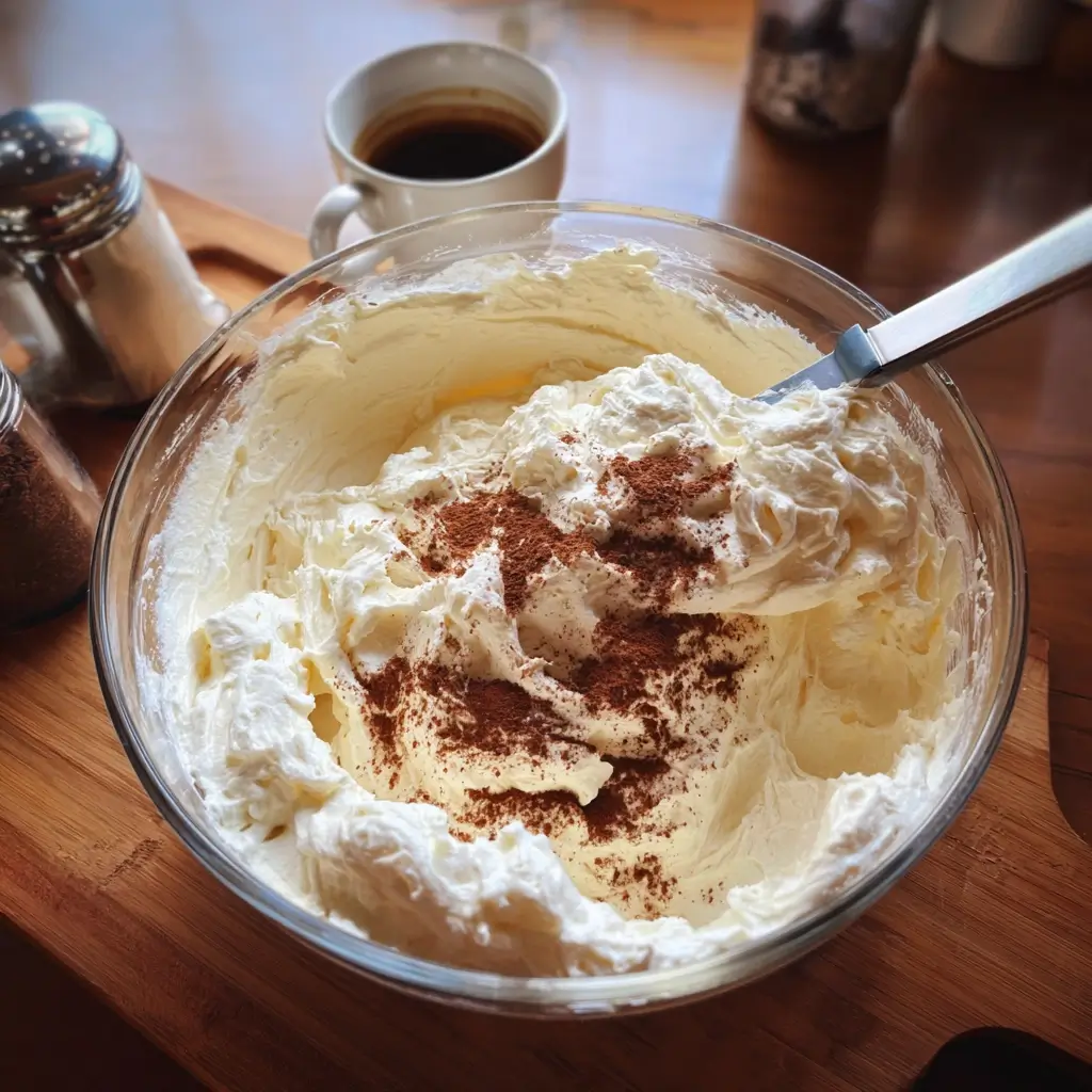 Mascarponecreme für tiramisu torte wird mit Spatel verrührt