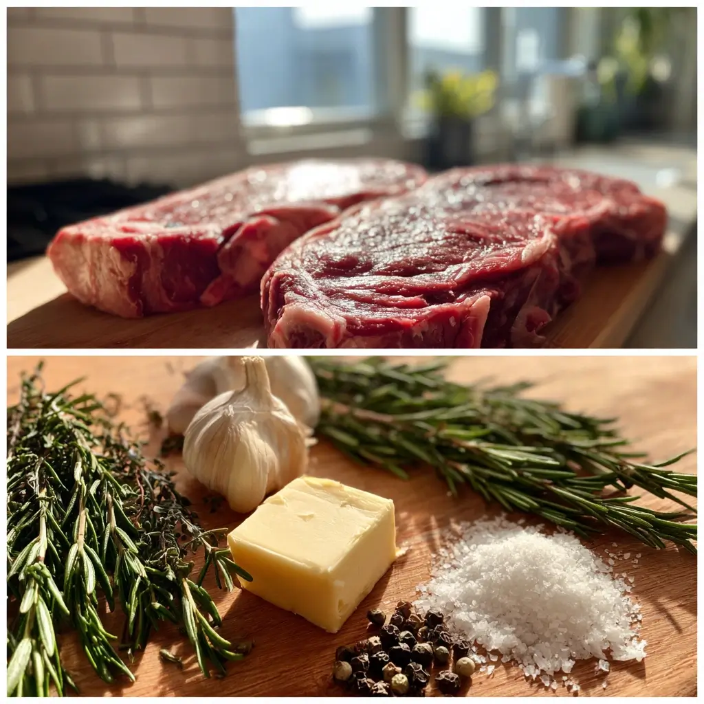 Frische steak Zutaten mit Ribeye, Knoblauch, Salz und Pfeffer