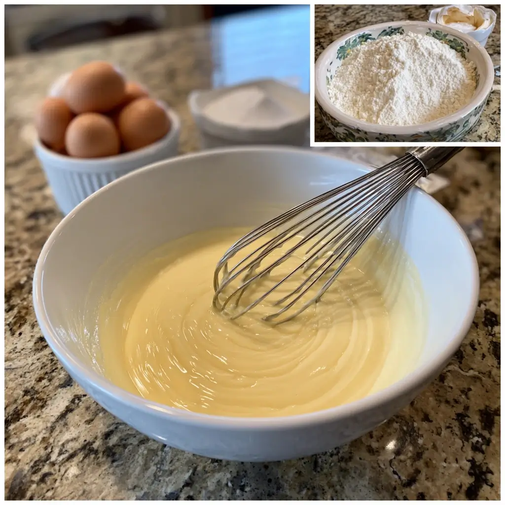 San Sebastian Cheesecake Teig wird in einer Schüssel cremig angerührt.