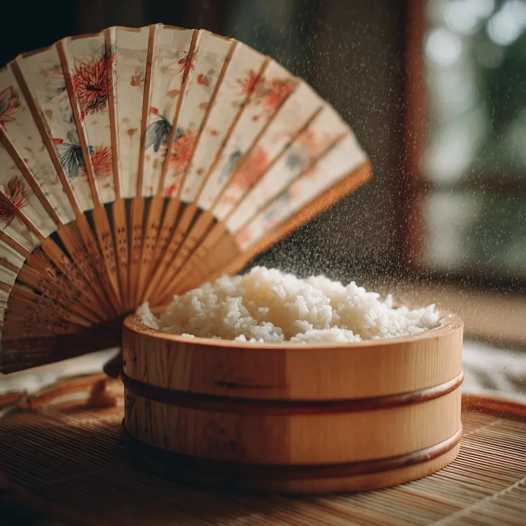 Sushi Reis kochen – frisch gewürzter Sushi-Reis wird im Hangiri mit Fächer abgekühlt