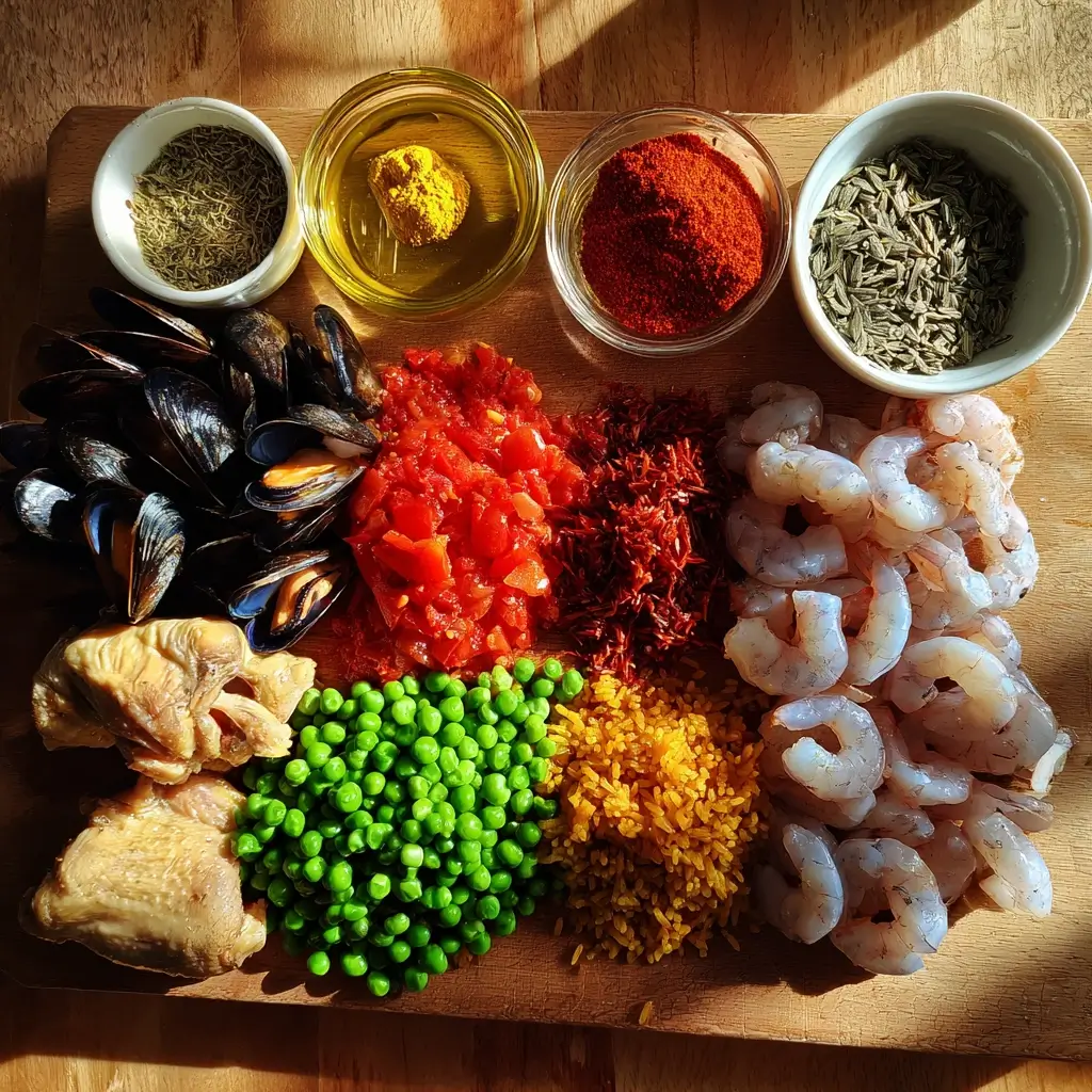 Frische Zutaten für Paella Pfanne Rezept auf Küchentisch