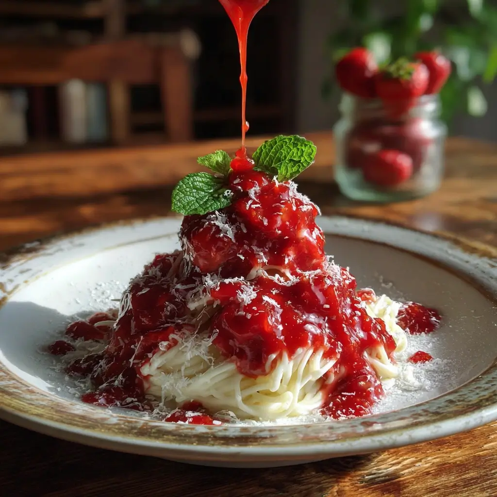 spaghetti eis mit frischer erdbeersoße übergossen auf holztisch