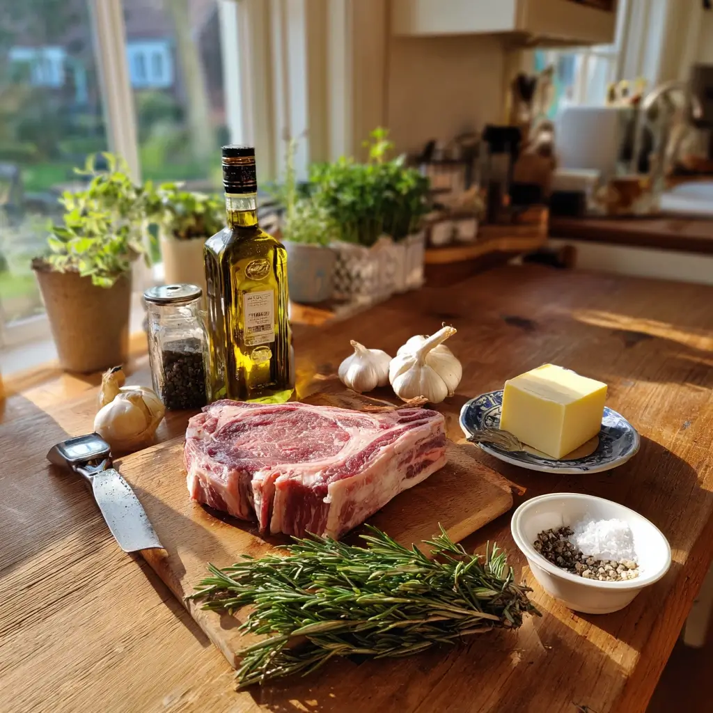 rohes tomahawk steak mit salz pfeffer und kräutern auf holzbrett