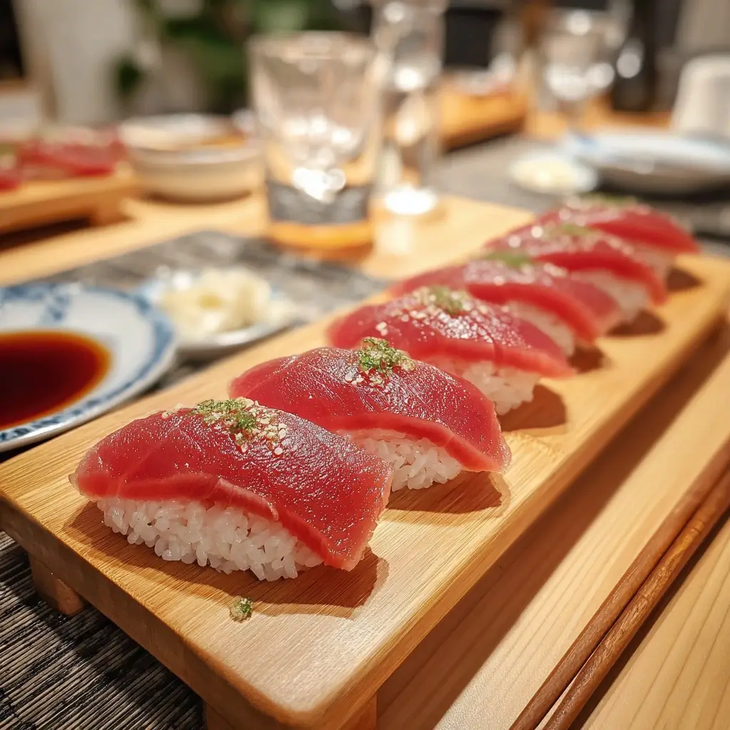 Frisches Thunfisch Nigiri auf weißem Porzellanteller – sushi rezept mit zartem Fisch und perfekt geformtem Reis.