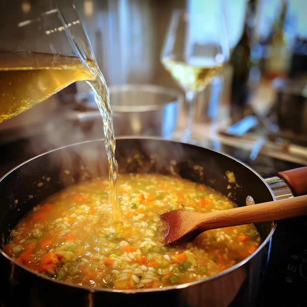 Heiße Brühe wird in risotto thermomix Mischung gegossen, mit Dampf und Löffel.
