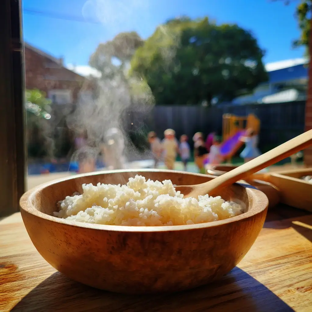 Sushi Reis kochen – dampfender Sushi-Reis in einer Holzschüssel am Fenster