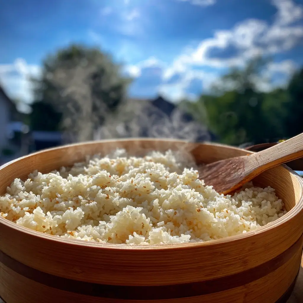 Sushi Reis kochen im Hangiri mit frisch gedämpftem Sushi-Reis und Holzspatel