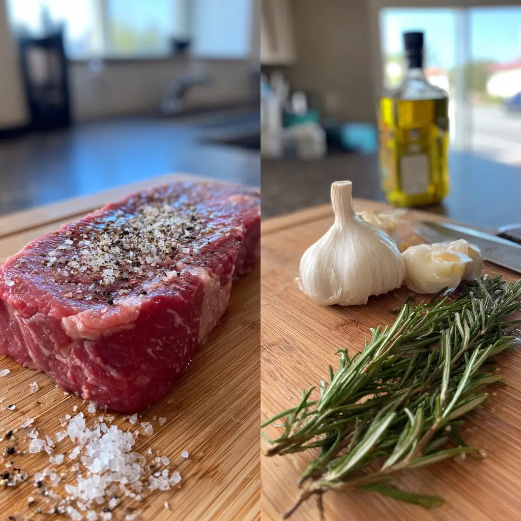 Rohes sirloin steak mit Salz, Pfeffer und frischen Kräutern