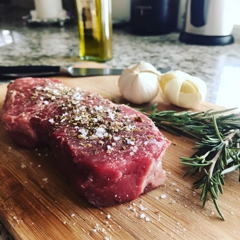 Rohes Porterhouse Steak mit Gewürzen und Kräutern auf Holzbrett