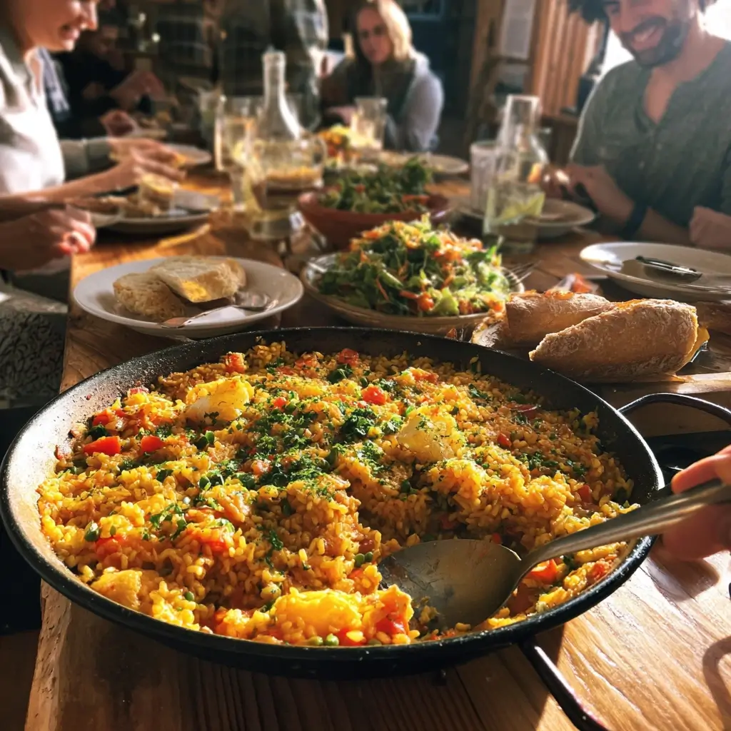 Paella Rezept am Tisch serviert mit Familie und Freunden