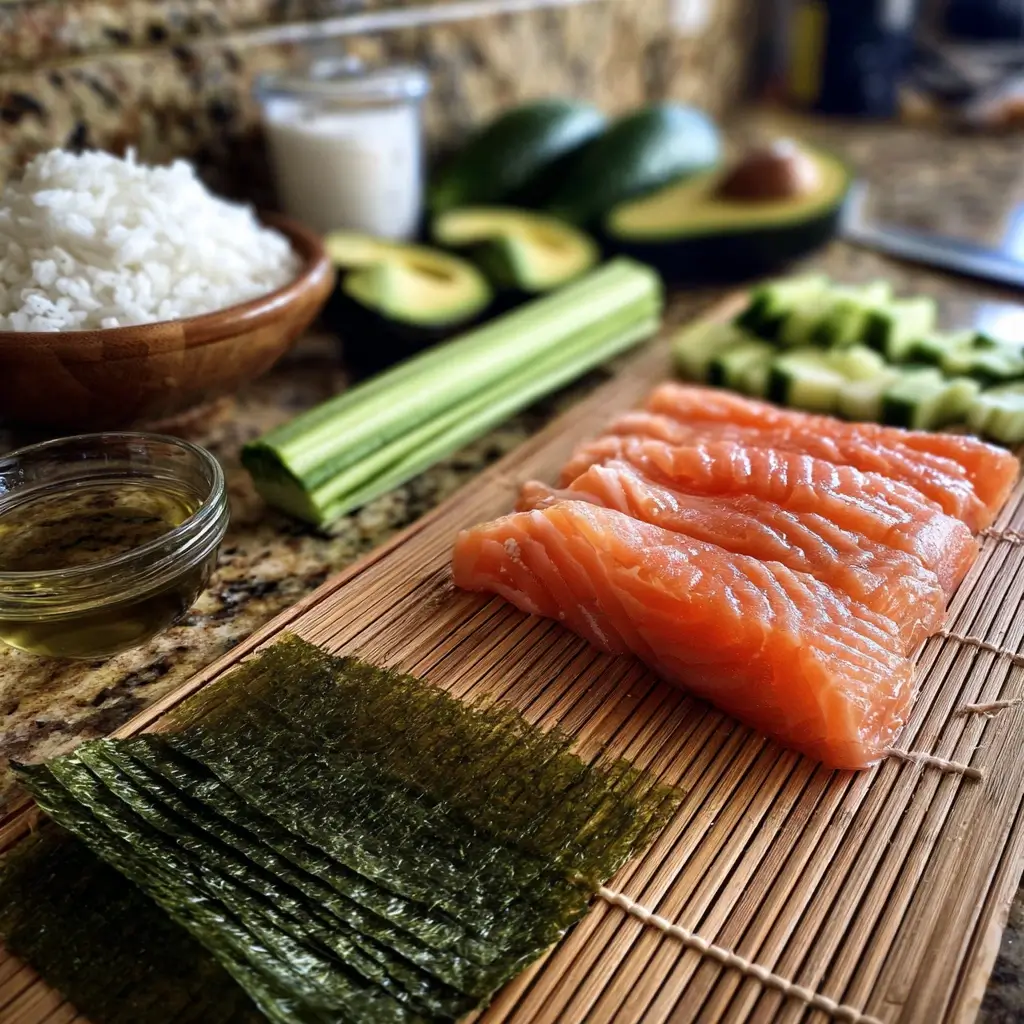 Frische Zutaten für saki maki sushi mit Lachs, Reis und Nori