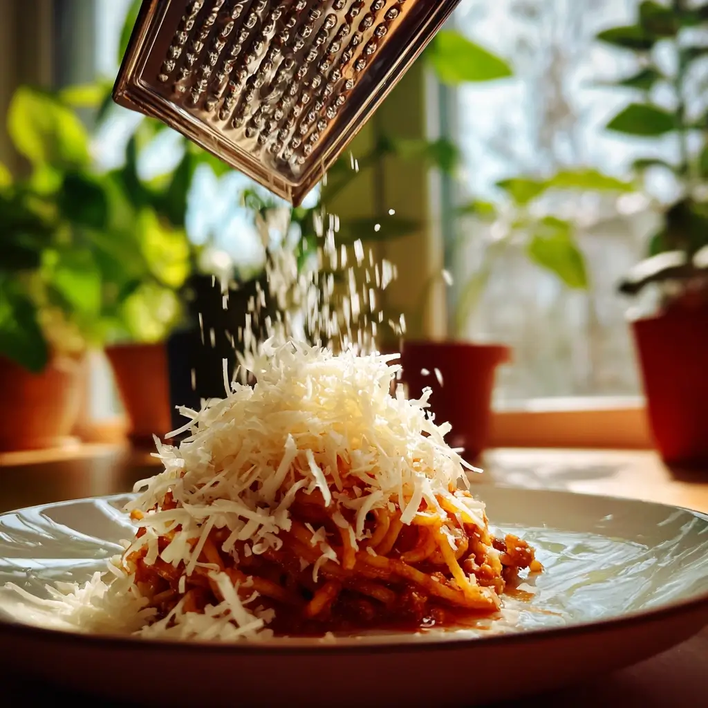 spaghetti eis mit geriebener weißer schokolade im sonnenlicht