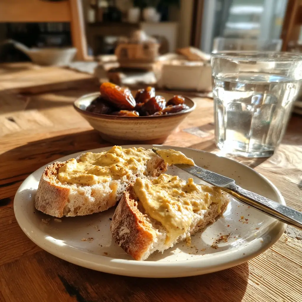 Brot mit Dattel Curry Dip auf Teller serviert