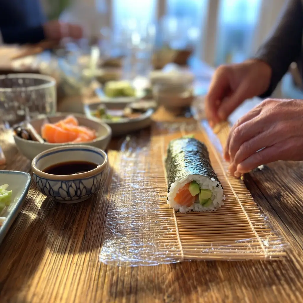 Saki maki sushi wird auf einer Bambusmatte gerollt