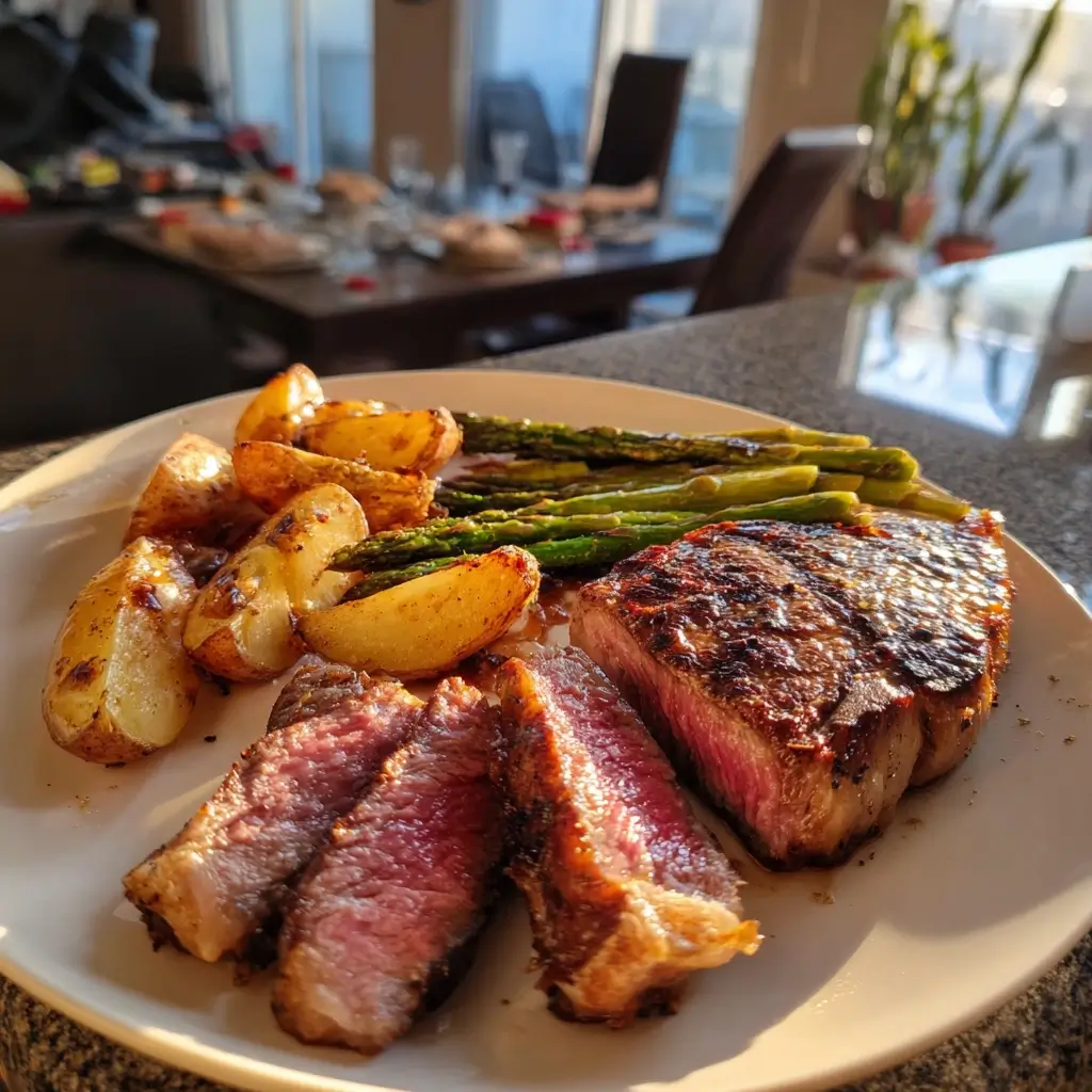Saftiges Rib-Eye Steak braten mit goldbrauner Kruste und Beilagen auf einem weißen Teller.