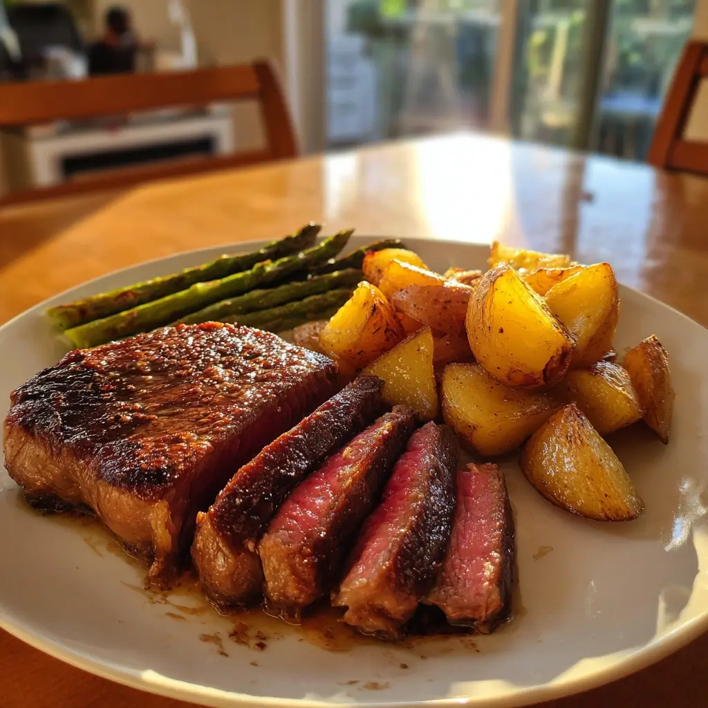 Steak braten auf dem Teller mit goldbrauner Kruste, Beilagen und Kräuterbutter.