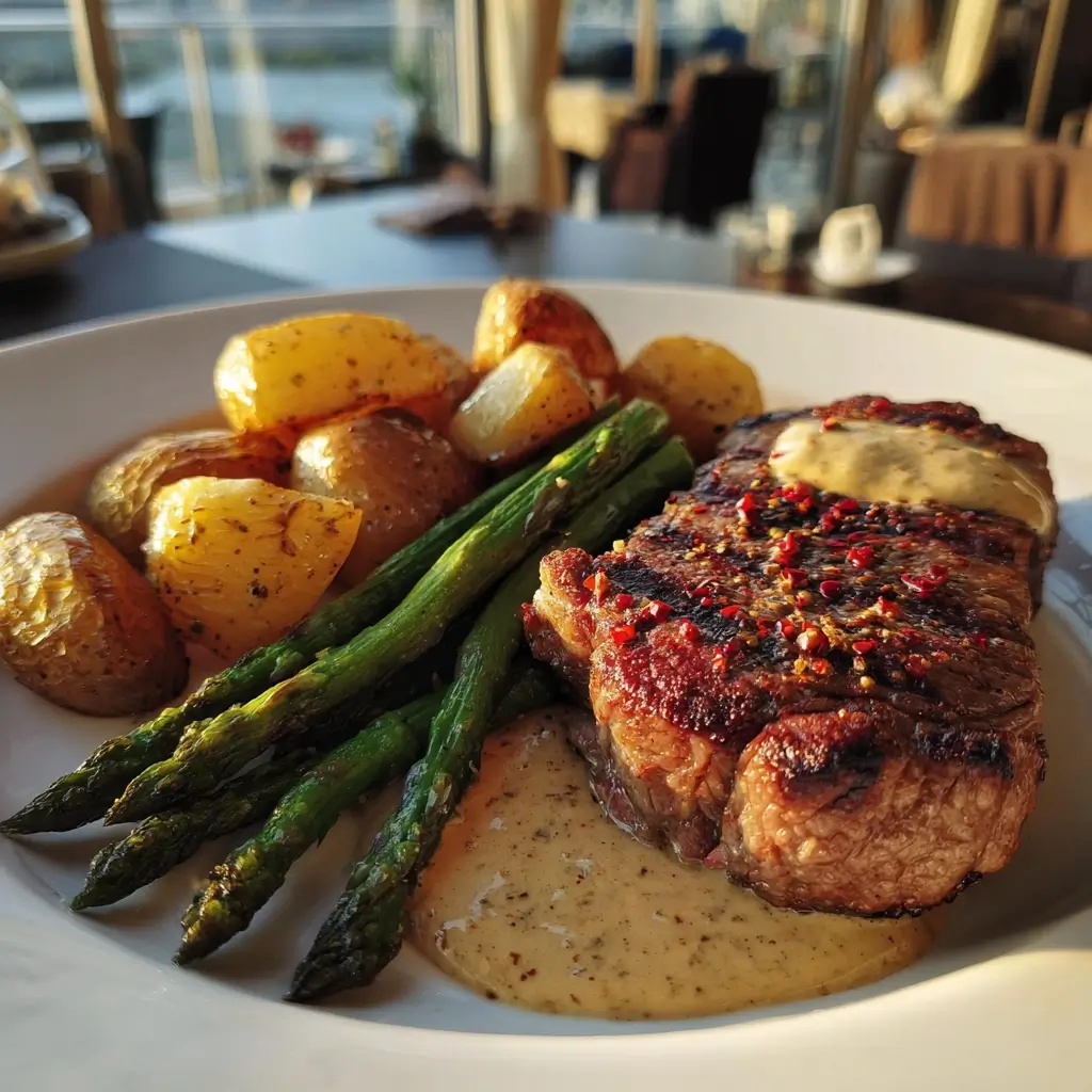 Steak mit Kartoffeln, grünem Spargel und Pfeffersauce auf weißem Teller