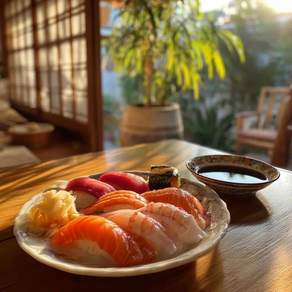 Sushi Nigiri auf einem Tisch mit Freunden genießen