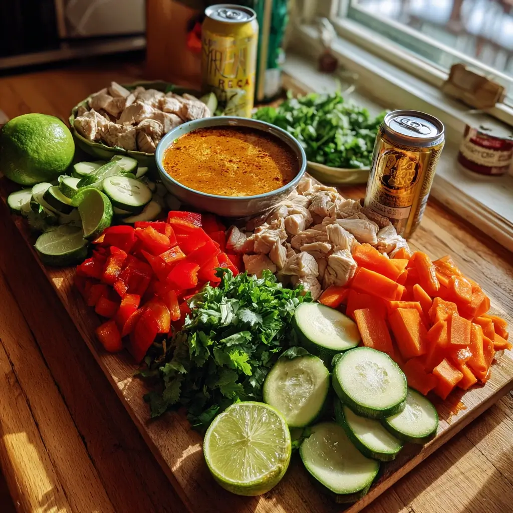 Frische Zutaten für thai curry wie Currypaste, Kokosmilch, Gemüse und Huhn auf einem Tisch