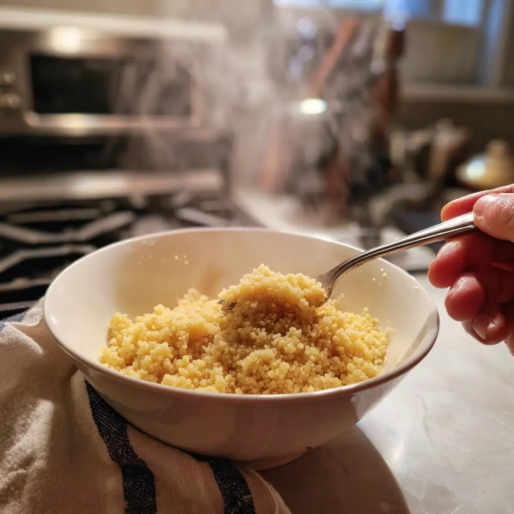 Couscous glutenfrei in einer Schüssel mit heißem Wasser aufgegossen
