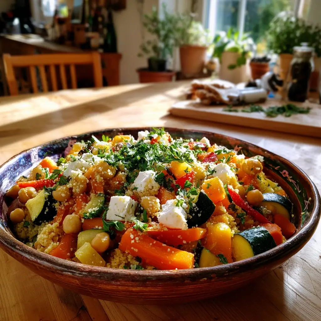 Couscous Rezept auf einem weißen Teller angerichtet mit Petersilie und Zitronenscheiben