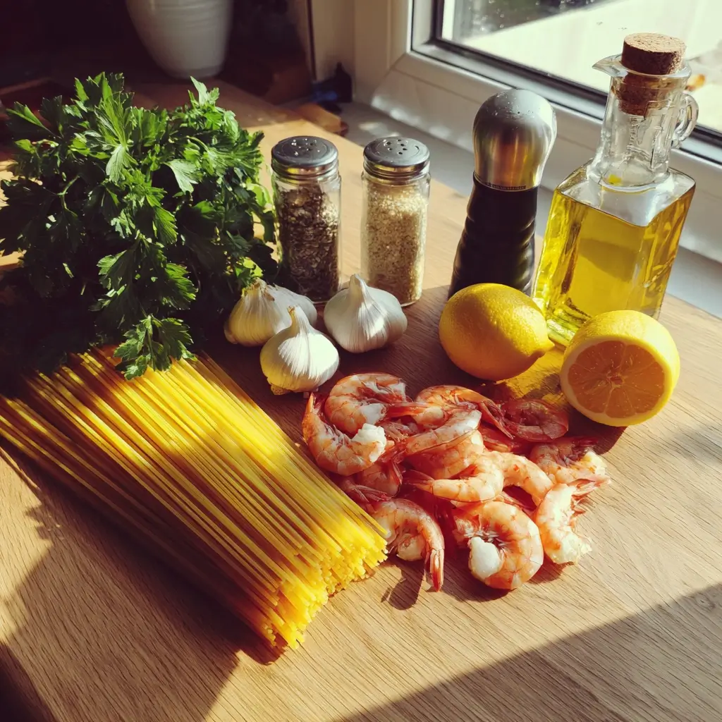 Frische Zutaten für spaghetti mit garnelen auf Holztisch