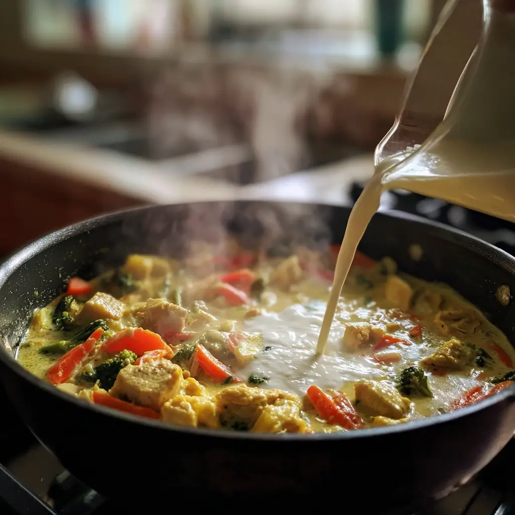 Thai curry im Wok mit Huhn, Zucchini, Karotten und Paprika