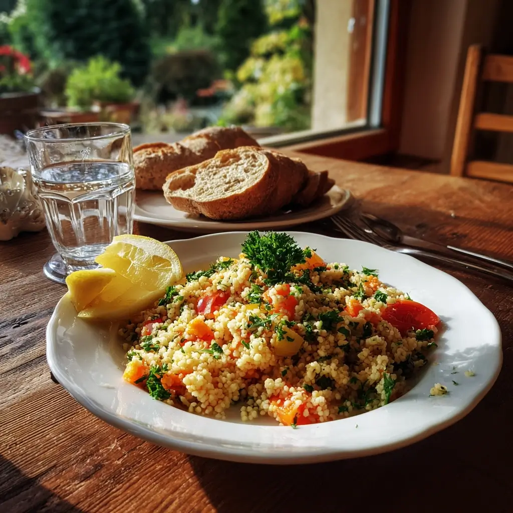 Couscous glutenfrei mit Gemüse und Kräutern in einer Schüssel gemischt