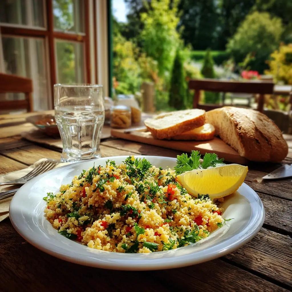 Couscous Rezept als Salat mit Tomaten, Gurken, Minze und Zitrone in einer Glasschüssel