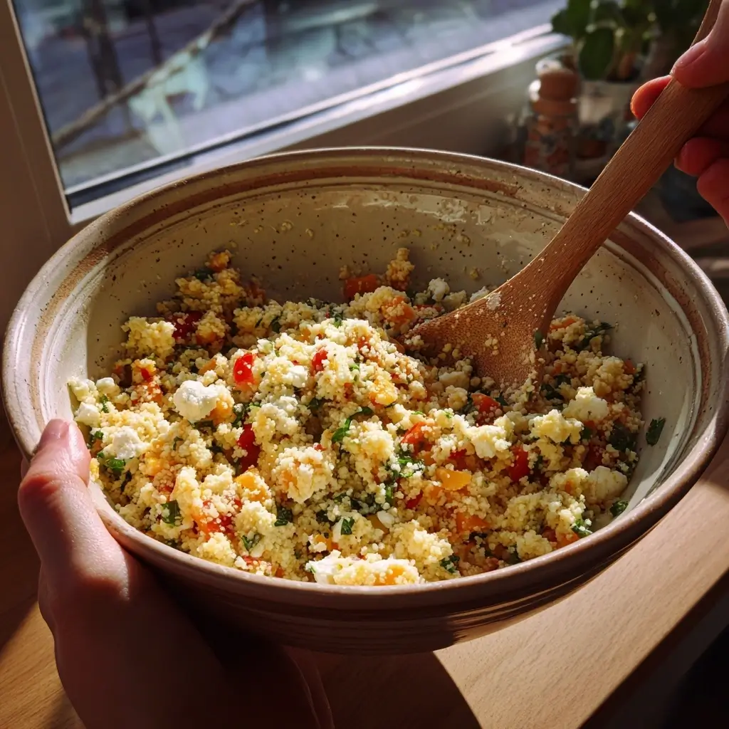 Mediterraner couscous salat mit Oliven, getrockneten Tomaten und Feta