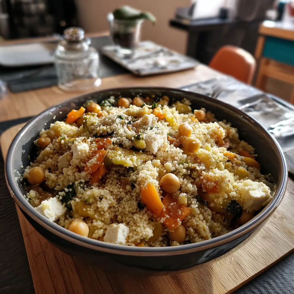 Couscous Rezept mit buntem Gemüse, Kichererbsen und Feta in einer großen Schüssel serviert