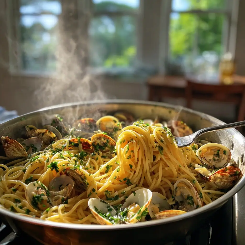 Spaghetti werden mit Venusmuscheln, Knoblauch und Petersilie vermengt