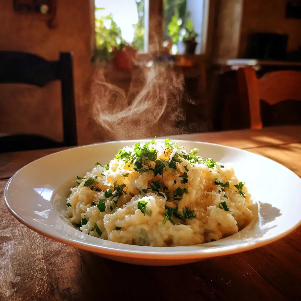 Cremiges risotto thermomix im weißen Teller mit Parmesan und Petersilie, serviert in gemütlicher Küche.