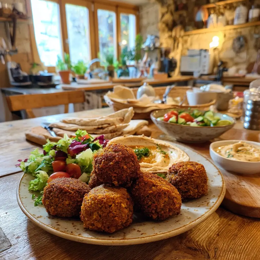 Falafel Rezept serviert mit Hummus, Tahini und Fladenbrot
