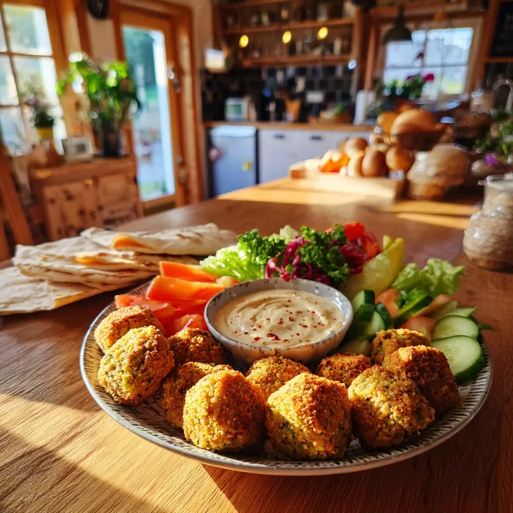 Falafel Rezept mit goldbraunen Bällchen auf Servierplatte