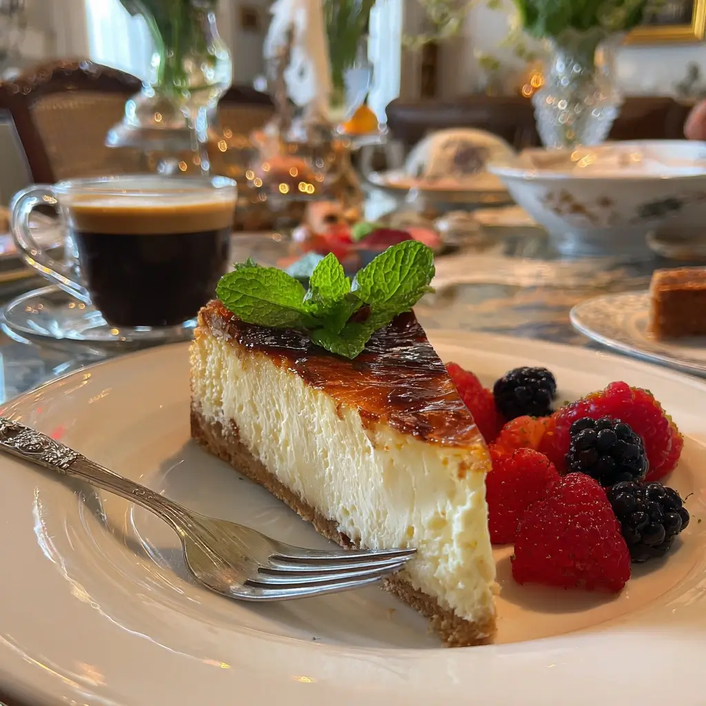 Ein Stück San Sebastian Cheesecake mit cremiger Mitte auf einem weißen Teller.