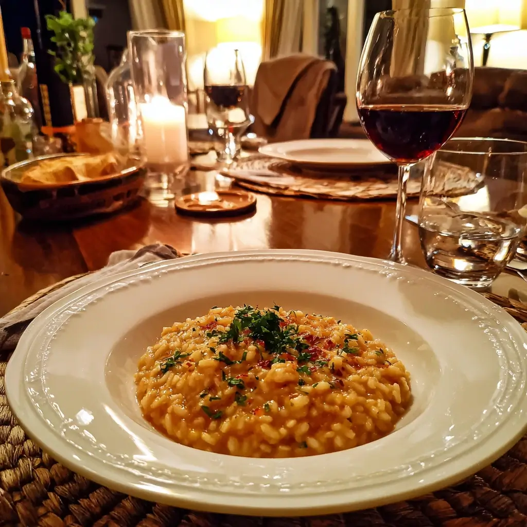Risotto thermomix serviert am Esstisch mit Wein und Salat.