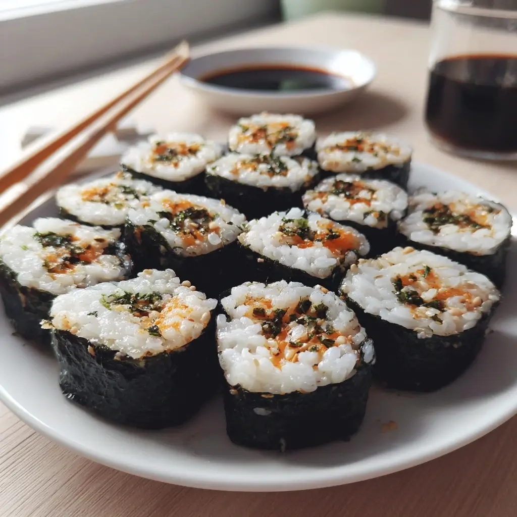 Sushi Reis kochen – frisch gerollte Maki mit glänzendem Sushi-Reis auf weißem Teller