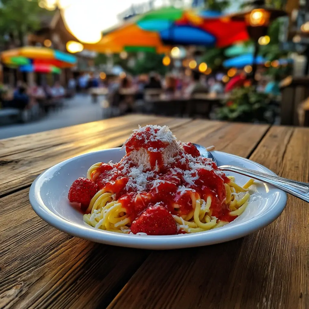 spaghetti eis mit erdbeersoße serviert im sommer auf caféterrasse