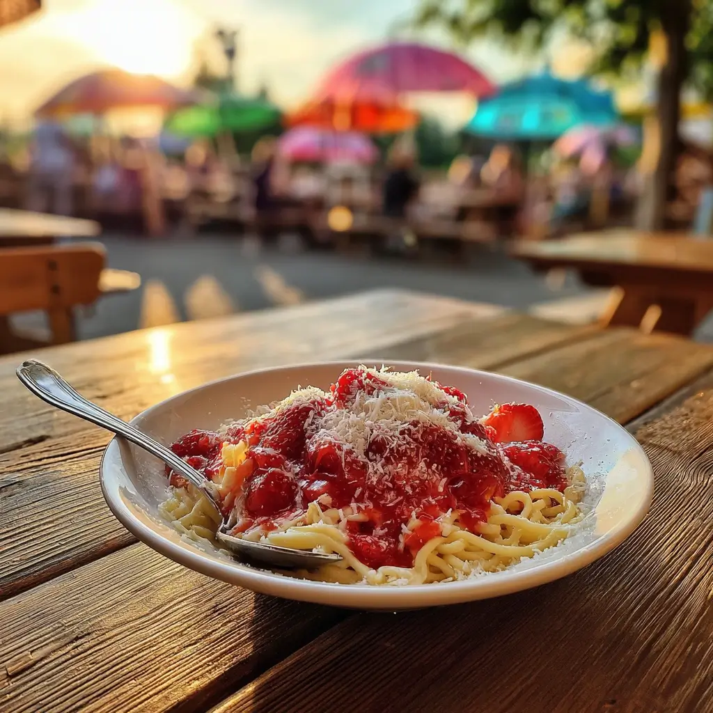 spaghetti eis serviert mit erdbeersoße und weißer schokolade auf sommerlicher terrasse