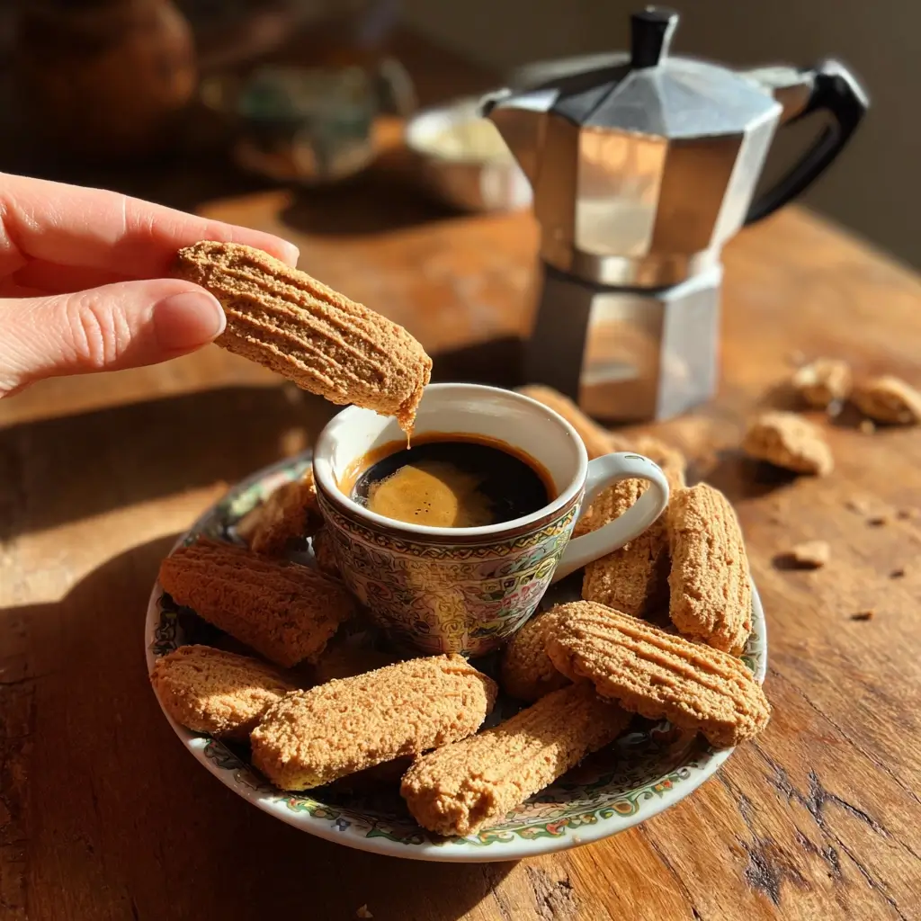 Löffelbiskuits werden in Espresso getränkt für Pistazien Tiramisu Rezept.