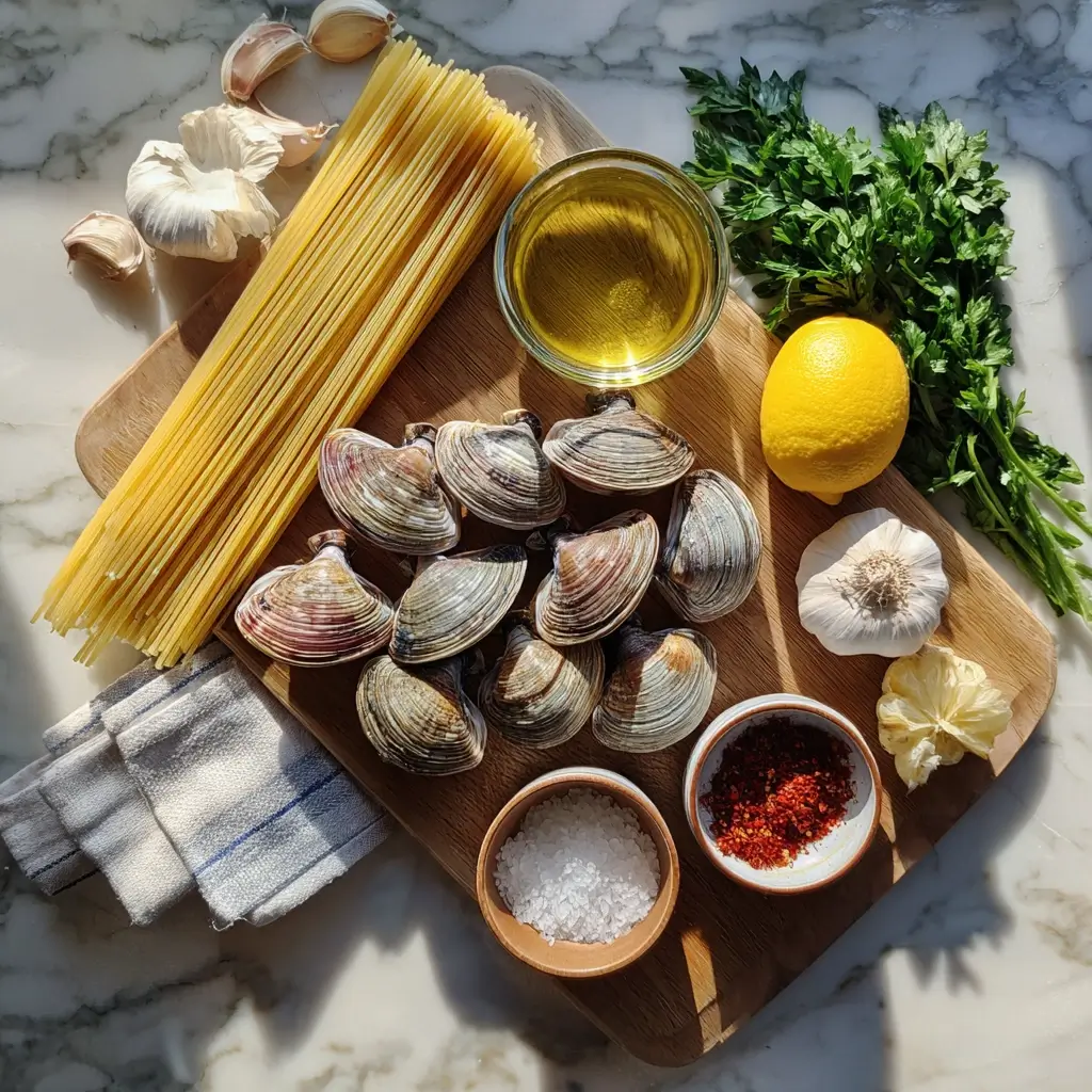 Frische Zutaten für Spaghetti Vongole wie Muscheln, Knoblauch, Petersilie und Spaghetti auf einer Küchenarbeitsfläche