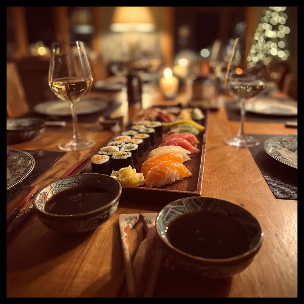 Edles Thunfisch Nigiri auf einem Holzbrett angerichtet – sushi rezept mit frischem Fisch und glänzendem Sushi-Reis.