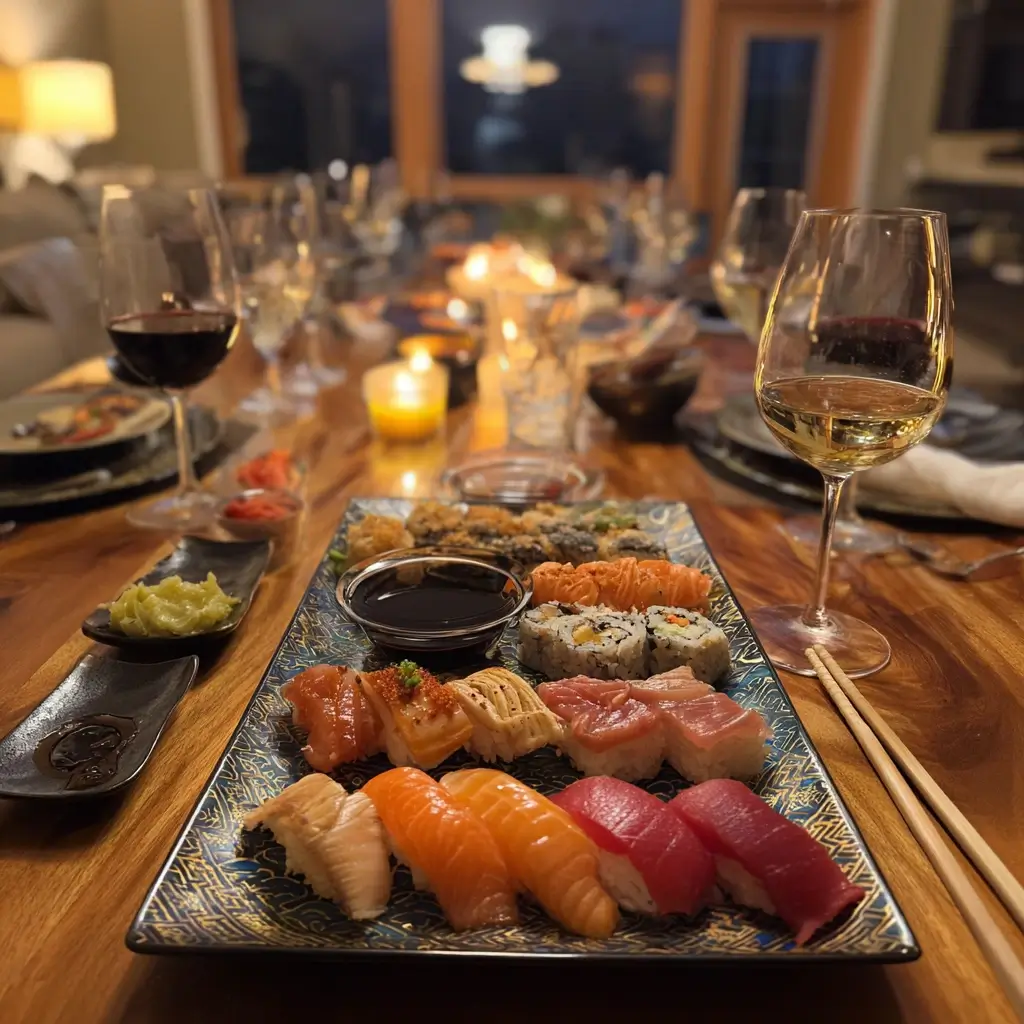 Hände rollen sushi reis mit Nori und frischem Gemüse auf einer Bambusmatte.