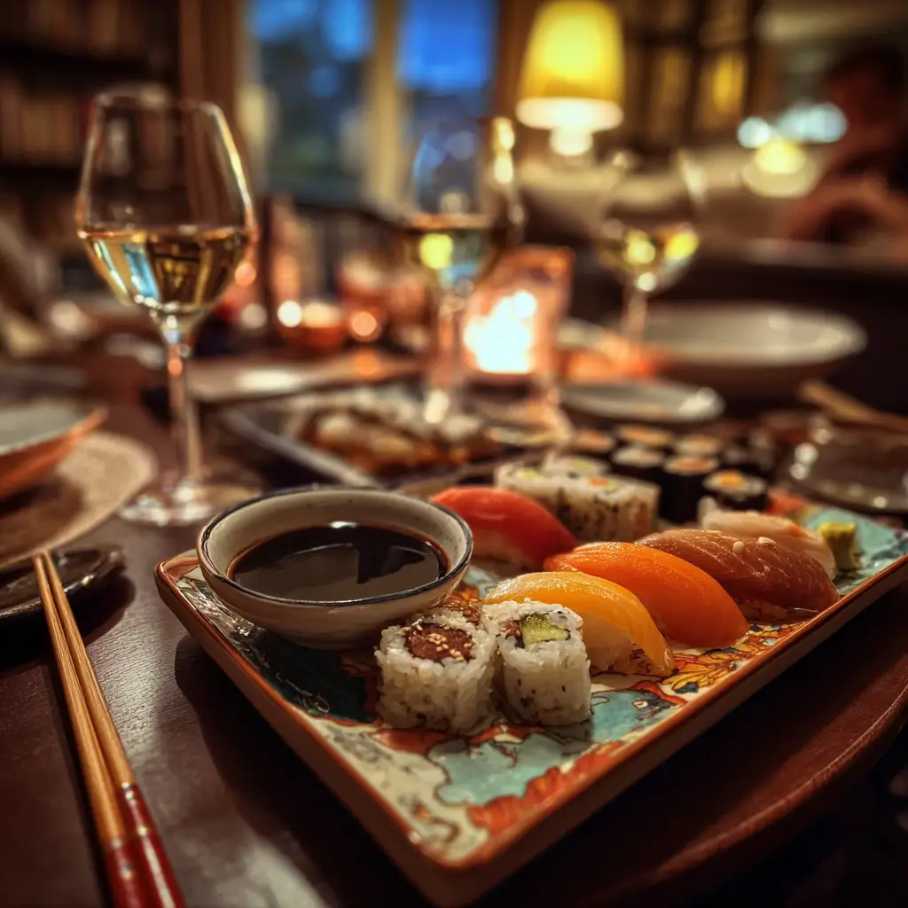 Freunde genießen Sushi bei einem Abendessen – sushi rezept in geselliger Atmosphäre.