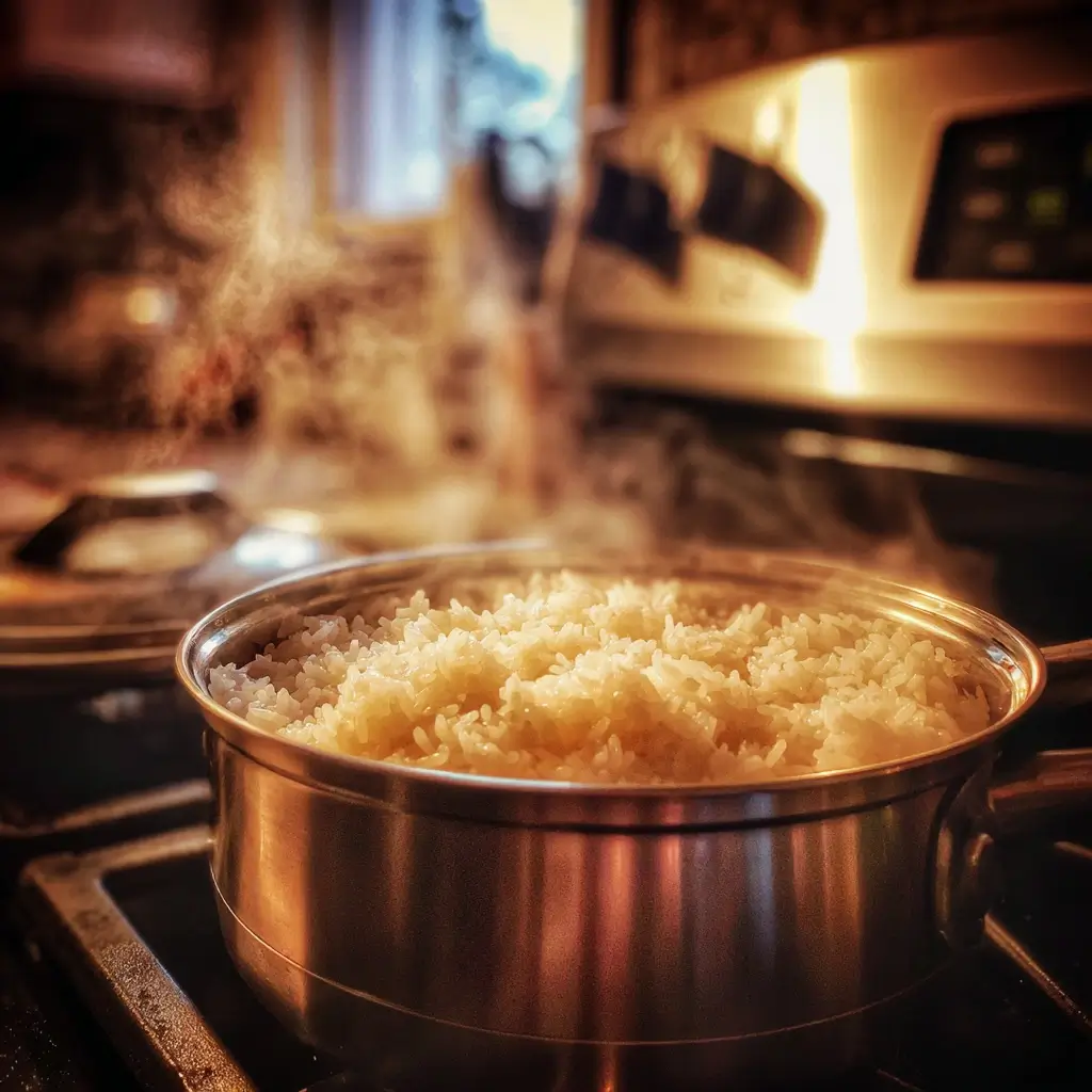 Sushi Reis kochen – frisch gedämpfter Reis im Topf mit Dampf