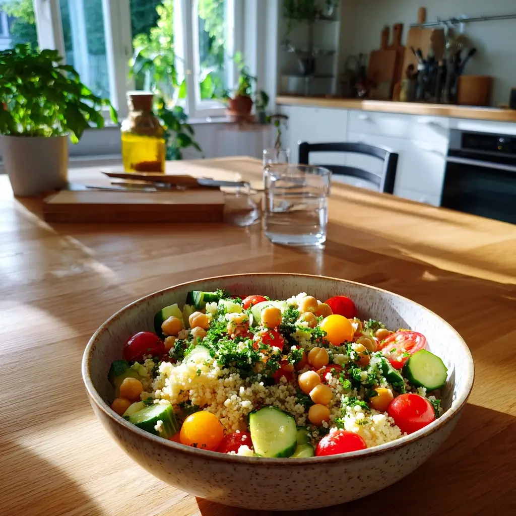 Couscous glutenfrei Salat mit frischem Gemüse in einer rustikalen Schüssel