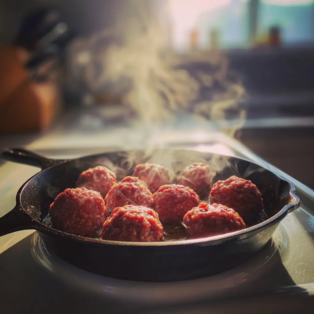 Rohes Rinderhack in Bällchenform für smashed burger in heißer Pfanne