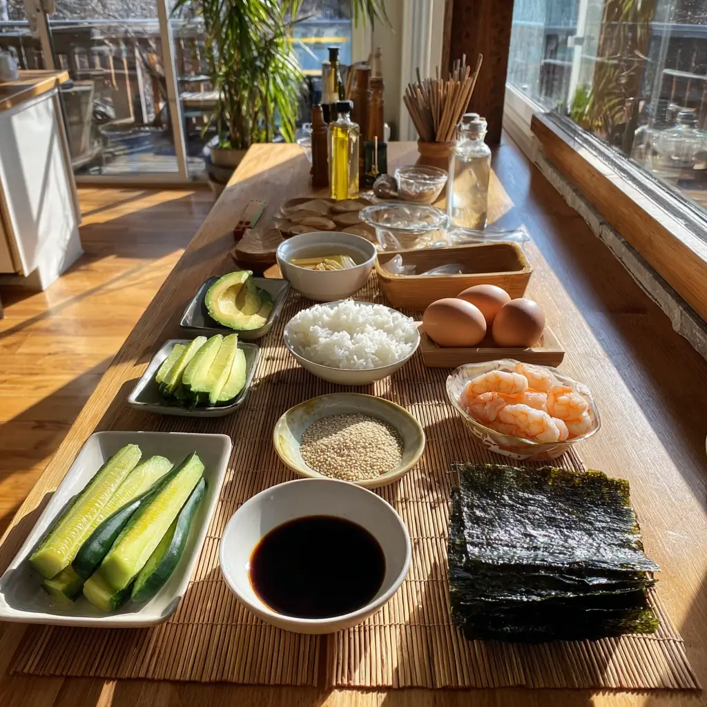 Zutaten für tempura sushi auf Holzbrett – Reis, Nori, Garnelen, Avocado, Mehl, Wasser.