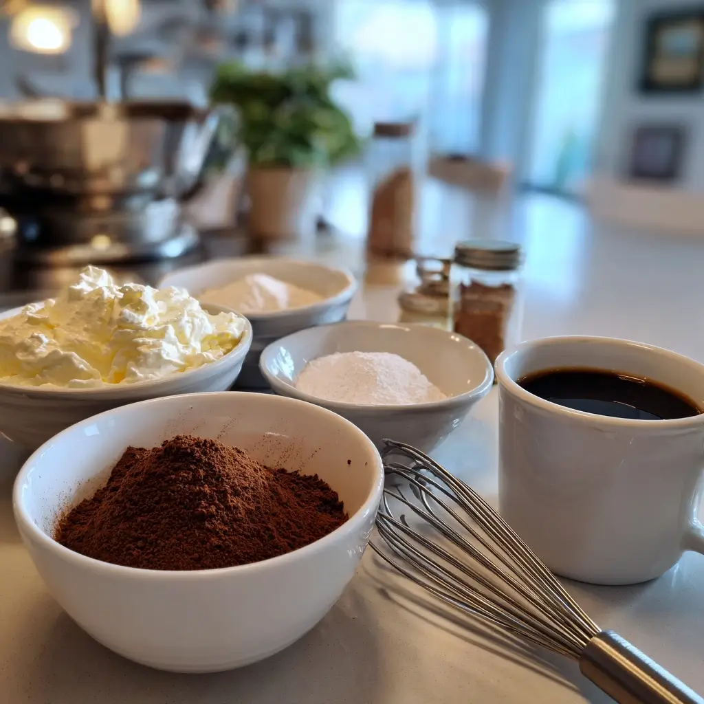 Zutaten für tiramisu torte wie Mascarpone, Löffelbiskuits und Espresso
